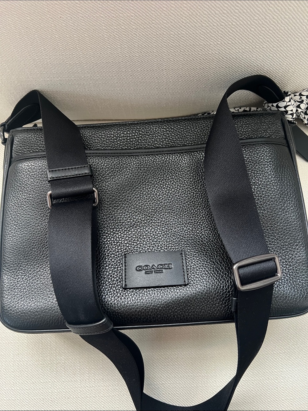 Coach Black Pebbled Leather Messenger Bag with Scarf Tie - Picture 3 of 8